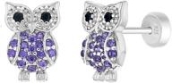 🦉 925 sterling silver purple cubic zirconia owl earrings - safe push backs for little girls and teens - perfect gift for animal lover kids, toddlers, and young teens logo