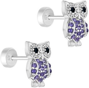 img 3 attached to 🦉 925 Sterling Silver Purple Cubic Zirconia Owl Earrings - Safe Push Backs for Little Girls and Teens - Perfect Gift for Animal Lover Kids, Toddlers, and Young Teens