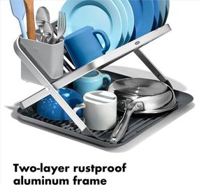 img 2 attached to 🍽️ OXO Good Grips 2-Tier Aluminum Fold Flat Dish Drying Rack with Drainboard - Collapsible for Kitchen Counter