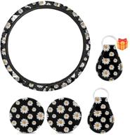 🌼 premium 5-piece car accessories set | stylish daisy design | steering wheel cover, coasters, key chain, lip balm holster | washable & personalized deco for women | universal fit for most vehicles logo