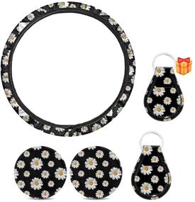 img 4 attached to 🌼 Premium 5-Piece Car Accessories Set | Stylish Daisy Design | Steering Wheel Cover, Coasters, Key Chain, Lip Balm Holster | Washable & Personalized Deco for Women | Universal Fit for Most Vehicles