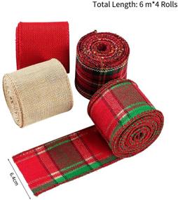 img 2 attached to 🎁 Premium Wired Edge Plaid Burlap Ribbons - Ideal for Festive Gift Wrapping, Christmas Tree Decor, Crafts, and DIY - Set of 4 Rolls (Red, Green, Linen, 2.5", 26yd)