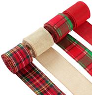 🎁 premium wired edge plaid burlap ribbons - ideal for festive gift wrapping, christmas tree decor, crafts, and diy - set of 4 rolls (red, green, linen, 2.5", 26yd) logo