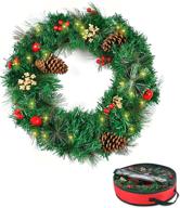 premium 24 inch artificial christmas wreath - pre-lit xmas front door wreaths with white pine cone, red berry battery lights, and storage bag for winter christmas mantel fireplace decorations - indoor outdoor logo