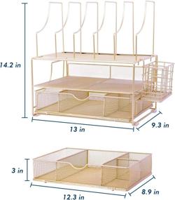 img 2 attached to 📎 Gold Desk Organizer with Pen Holder, Sliding Drawer, and 5 Upright Sections - Mesh Office Supplies for Home and Office Organization, Including Paper Letter File Tray