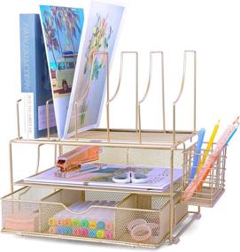 img 4 attached to 📎 Gold Desk Organizer with Pen Holder, Sliding Drawer, and 5 Upright Sections - Mesh Office Supplies for Home and Office Organization, Including Paper Letter File Tray