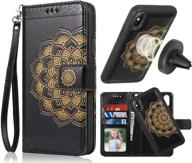 📱 caseowl iphone xs max wallet case - detachable slim case, card slots, car mount, mandala flower embossed vegan leather flip lanyard wallet case in black logo