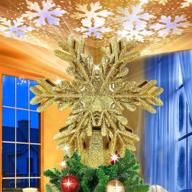 🎄 lighted christmas tree topper: led snowflake lights with rotating hollow gold projector for tree decorations, indoor home new year party, holiday night logo