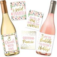 set of 5 engagement party wine label stickers, adorable pink and gold newly engaged décor kit for couples, 🍷 men, and women, i'm just engaged - does this ring make me look funny wedding ideas for him, her, or fiancé логотип