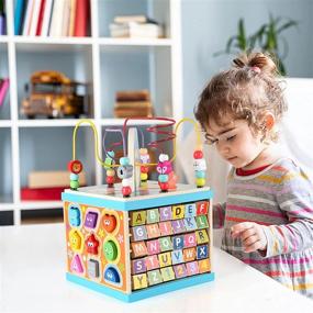 img 3 attached to 🧸 Qilay Wooden Baby Activity Cube - 5 in 1 Multipurpose Toy for 1 2 Year Olds - Abacus, Bead Maze, Shape Sorter - Early Educational Gift for Toddlers