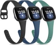 🌈 versatile pack: 3 slim bands for fitbit versa 3 & sense - soft silicone sport wristbands in black, navy blue, and pine green logo