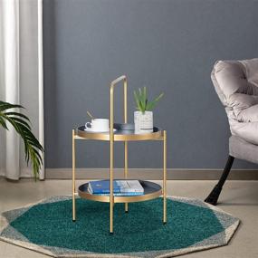 img 1 attached to 🌼 HollyHOME Round Metal Tray End Table with Handle - 20.02" x 15.35", Indoor/Outdoor Sofa Side Tea Table/Nightstand - Weather Resistant Coffee Table for Living Room, Balcony, Patio - Gold & Grey