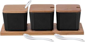 img 4 attached to ☕ Bruntmor Kitchen Canister Set - Coffee, Sugar, and Tea Storage Jars - Ceramic Condiment Spice Containers with Bamboo Lid and Spoons - Black