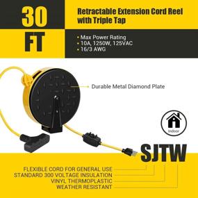 img 3 attached to 🔌 Dewenwils 30-Foot Retractable Extension Cord Reel for Garage and Shop - Ceiling/Wall Mount, 16/3 Gauge SJTW Power Cord with 3 Electrical Outlets Pigtail, 10 Amp Circuit Breaker, Metal Plate - ETL Listed