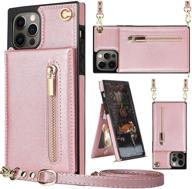 hoggu iphone 12 pro max wallet case crossbody - leather case with card holder, zipper purse, kickstand, removable shoulder strap - square corners protective back cover 6.7 inch-rose gold logo