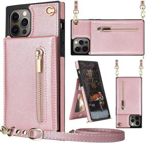 img 4 attached to HOGGU iPhone 12 Pro Max Wallet Case Crossbody - Leather Case with Card Holder, Zipper Purse, Kickstand, Removable Shoulder Strap - Square Corners Protective Back Cover 6.7 inch-Rose Gold