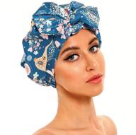 🌸 luxurious blue flower print satin turban shower cap for women with long hair - adjustable bow, waterproof lined bonnet, reusable & washable bath hat for braid and deep conditioning logo