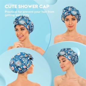 img 1 attached to 🌸 Luxurious Blue Flower Print Satin Turban Shower Cap for Women with Long Hair - Adjustable Bow, Waterproof Lined Bonnet, Reusable & Washable Bath Hat for Braid and Deep Conditioning