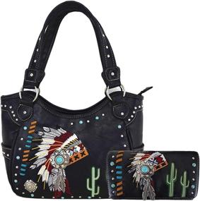 img 4 attached to 👜 Concealed Carry Purse Tote Handbag Women Shoulder Bag Wallet Set by Native American Chieftain Cactus Feather