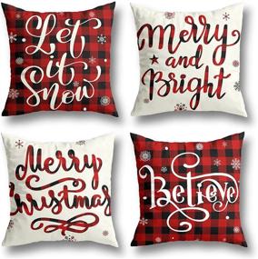 img 4 attached to 🎄 Farmhouse Buffalo Plaid Christmas Pillow Covers Set - 18x18 Inches, Red & Black - Festive Winter Holiday Home Sofa Decorations - Set of 4 Throw Pillow Cases for Indoor Christmas Décor