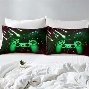 img 3 attached to Gaming Bedding Sets for Boys Teens Gamer Room Decor - Twin Size 2Pcs Set with Fitted 🎮 Sheet & Pillow Sham - Kids Youth Video Game Bed Cover in Black Green - No Flat Sheet Included