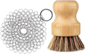 img 4 attached to Efficient Cast Iron Cleaner Set: GAINWELL Stainless Steel Chainmail Scrubber with Wood Scrub Brushes - 4in