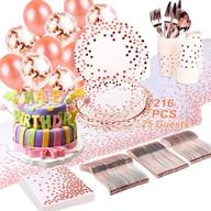 🎉 complete party package: 216 pcs elegant rose gold paper plates, cups, napkins, and utensils with rose gold confetti balloons and table runner - perfect for birthdays and special occasions! logo