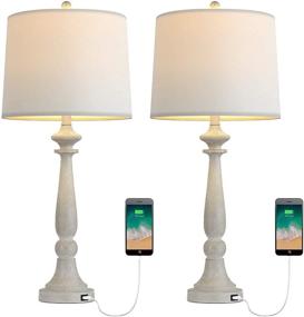 img 4 attached to 💡 BOBOMOMO 27.75'' USB Table Lamp - Set of 2 Antique Nightstand Lamps with Charging Port for Bedroom Living Room - Resin Retro Classic Bedside Desk Lamps with White Fabric Shade