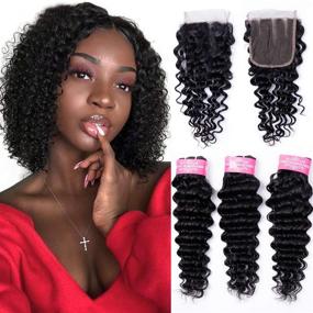 img 4 attached to 🌊 Brazilian Deep Wave Bundles with Closure - 10A Unprocessed Virgin Human Hair (70g/Bundles, 12 14 16+10 Closure) - RESACA Brazilian Deep Wave Hair