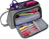 gray canvas pencil pouch with large capacity for school and office supplies, dual zipper openings, durable woven fabric логотип