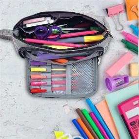 img 2 attached to Gray Canvas Pencil Pouch with Large Capacity for School and Office Supplies, Dual Zipper Openings, Durable Woven Fabric