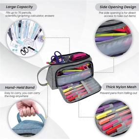 img 3 attached to Gray Canvas Pencil Pouch with Large Capacity for School and Office Supplies, Dual Zipper Openings, Durable Woven Fabric