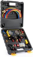 orion motor tech r410a gauges: high-performance hvac manifold gauge set for efficient r410a refrigerant handling - 3 way household ac r410a manifold set with r410a r22 safety valves, 3 hoses, and r410a adapters. complete with universal can tap in a sleek black case! logo