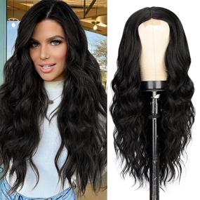 img 3 attached to Natural Looking Heat-Resistant Synthetic Wigs for Women - Long Black Wavy Wig with Middle Part for Daily & Party Use