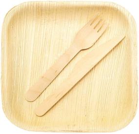 img 3 attached to 🌱 Eco-Friendly Holiday Party Dinnerware Set - 300 Disposable Palm Leaf Plates, Wood Forks & Knives - 8" Square Design for Festive Feasts