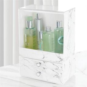 img 2 attached to 🏺 mDesign Marble Makeup Organizers - Stackable Cosmetic Storage for Bathroom Vanity, Countertop, Cabinet - Easy Access, 2 Drawer Unit and Tall Bin Box with Lid - Set of 2