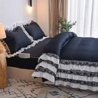 🖤 fadfay ruffle comforter cover set - black bedding 100% cotton princess girls bedding designer pocket fitted sheet set - 4 piece zipper lace ruffle duvet cover set for king bed - black logo