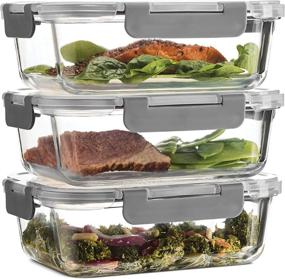 img 4 attached to 🥡 Superior Glass Meal-Prep Containers - 3-Pack (35oz): Innovative Hinged Locking Lids for 100% Leakproof Glass Food-Storage on the Go