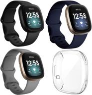 combo deal: 3-pack sport bands + clear protective case for fitbit sense/versa 3 - soft silicone replacement straps for women/men (black/midnight blue/gray, small) logo