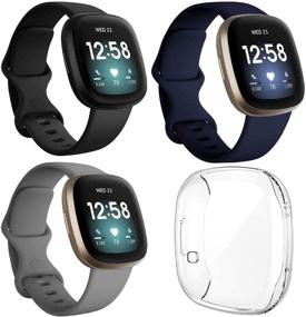 img 4 attached to Combo Deal: 3-Pack Sport Bands + Clear Protective Case for Fitbit Sense/Versa 3 - Soft Silicone Replacement Straps for Women/Men (Black/Midnight Blue/Gray, Small)