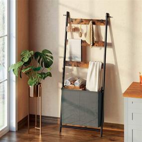 img 3 attached to 📚 Rolanstar Ladder Shelf: Wall-Leaning Blanket Rack with Storage Basket, Hooks - Rustic Brown, 3-Tier Farmhouse Leaning Shelf for Bathroom, Living Room