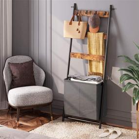 img 2 attached to 📚 Rolanstar Ladder Shelf: Wall-Leaning Blanket Rack with Storage Basket, Hooks - Rustic Brown, 3-Tier Farmhouse Leaning Shelf for Bathroom, Living Room