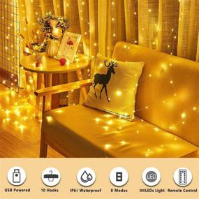 img 3 attached to 🎉 Meliven 300 LED Curtain Lights 9.8Ftx9.8Ft, 8 Modes Fairy Lights Curtain with Remote, Timer, Dimmable, USB Powered, Warm White Background Light for Wedding, Party, Home, Bedroom Decorations