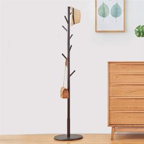 img 4 attached to WALTSOM Free Standing Coat Racks - Wooden Coat Hat Tree with 8 Hooks and Solid Round Base - Hallway Entryway Coat Hanger Hook Stand for Clothing, Scarves, and Handbags - No Tools Needed (Dark Brown)