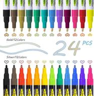 24 colors self-outline metallic markers - double line outline pens for drawing, greeting card, gift card writing, poster, diary, diy, craft projects - double gold line + double silver line logo