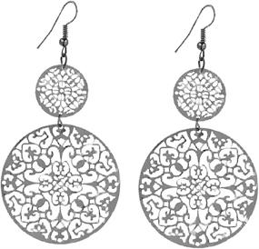 img 4 attached to IDB Double Circle Filigree Drop Earrings - Silver and Gold Tones - 3.25" Length x 1.81" Wide