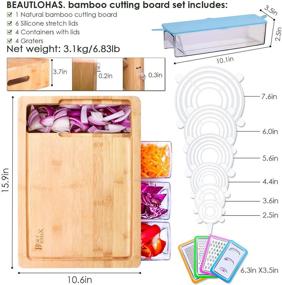 img 3 attached to 🔪 Multifunctional Bamboo Cutting Board: Includes 4 Containers, 4 Graters, and 6 Bowl Lids - Splash-proof Juice Groove & Butcher Block for Quick Food-prep/Storage