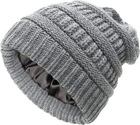 img 4 attached to 🧣 Stylish Womens Satin Lined Cable Knit Slouchy Beanie Hat - Winter Silk Warmth with Satin Lining