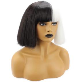 img 3 attached to 🎃 Halloween Wig Women Short Bob Kinky Straight Full Bangs Synthetic Black White - WeKen