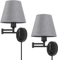 modern plug-in wall light set of 2 - dimmable, swing arm 🔌 sconces with gray linen lampshades - perfect fixtures for bedrooms, reading lamps for bedside логотип